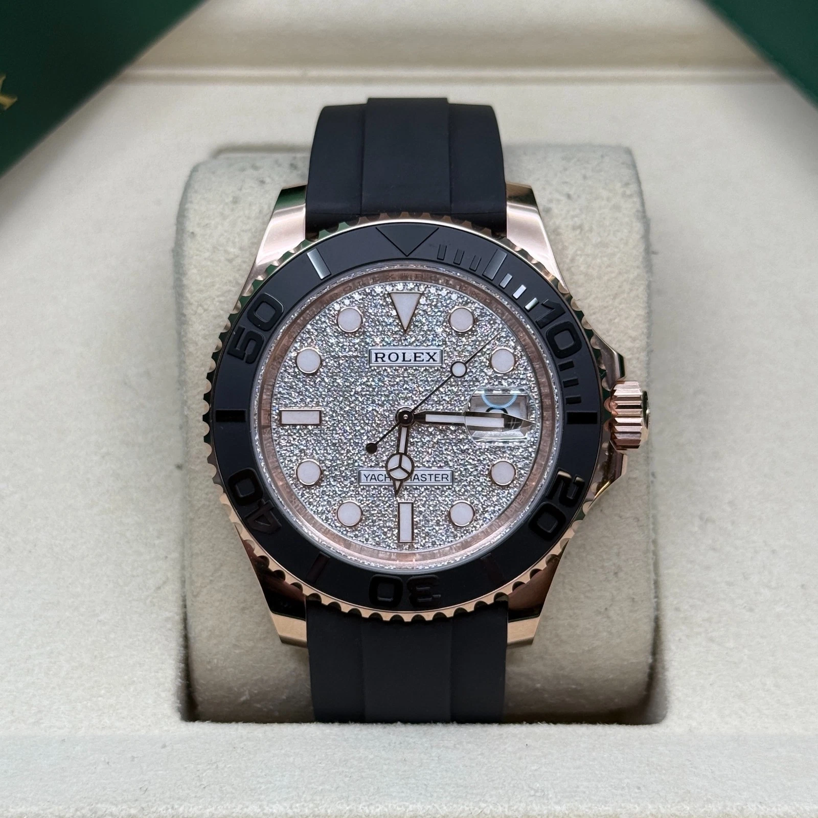Rolex Yacht-Master 40 NEW 2025 Diamond Paved Rose Gold Black Ceramic OysterFlex