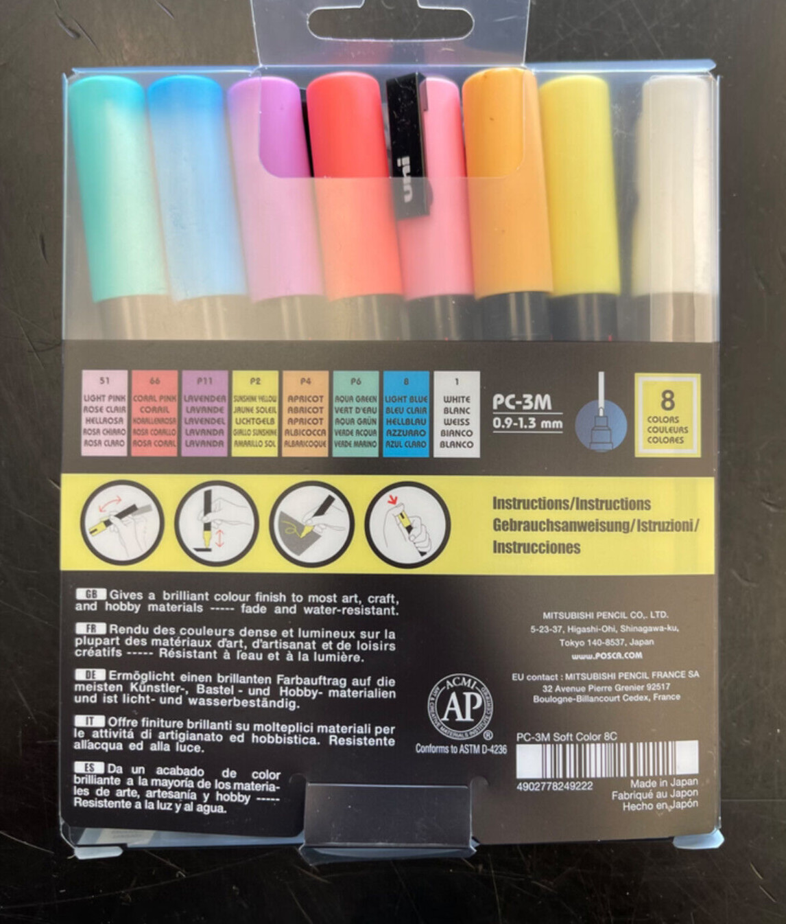 Uni Posca Paint Marker 1.3mm Fine Tip Pen (PC-3M) - Set of 8 Pastel Colours