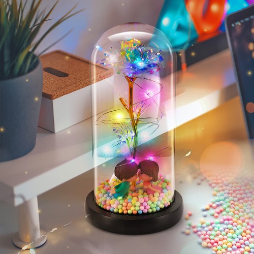 Gold Foil Galaxy Flower Rose In RGB LED Glass Dome Valentine's Day Unique Gifts - Picture 13 of 17