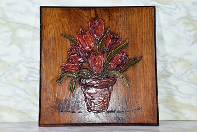 Red Tulips Dimensional Wood Original Painting ''Fantasy'' by Aletha Ruble Vintage