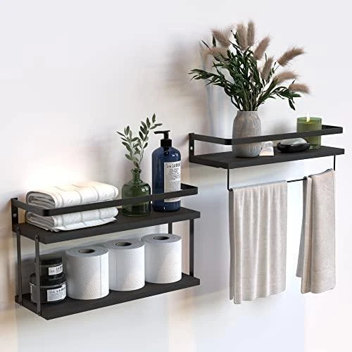 RICHER HOUSE 2+1 Tier Wall Mounted Floating Shelves Set of 2, Rustic Wood Wall