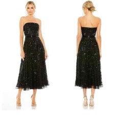 Mac Duggal Black Embellished Mesh Strapless Sequin Beaded Midi Dress Size 10 NWT