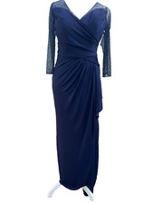 Women's La Femme Lace Sleeve Knot Detail Jersey Gown Dress Navy 6