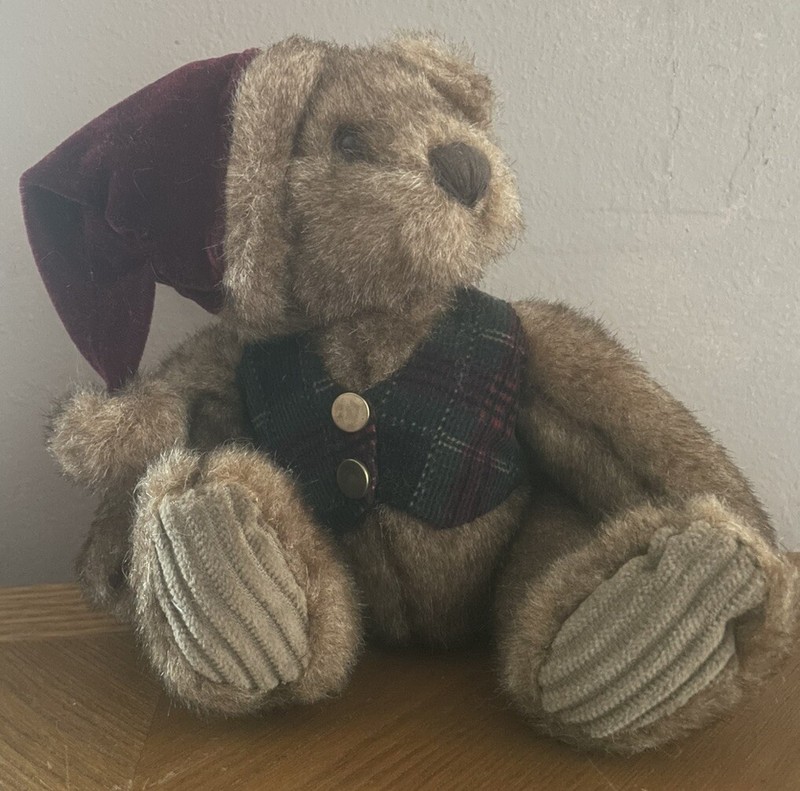 Brown Christmas Teddy Bear W/ Santa Hat And Festive Corduroy Plaid Vest New
