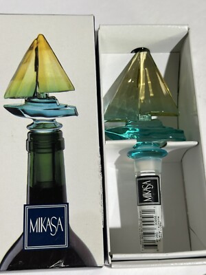 Mikasa Crystal Bottle Stopper,Glass Wine Stopper Regatta Blue Sail Boat With Box