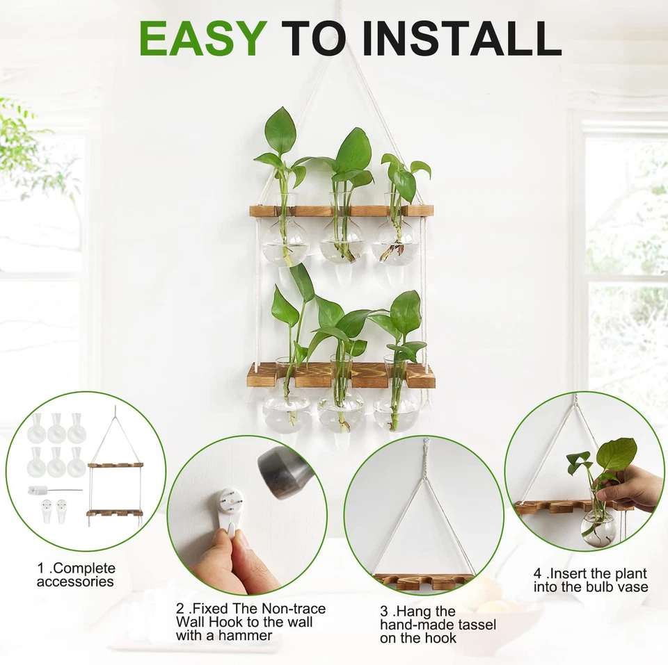 Estación de Propagación de Plantas Colgante de Pared, Terrario de Plantas con Sta de Madera de 2 Niveles Foto 3 de 4