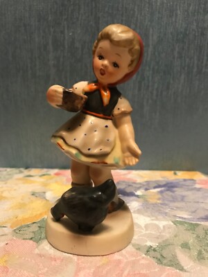 VINTAGE ''Two Chicks'' Porcelain Figurine-Girl Feeding Chicken by Napco EUC