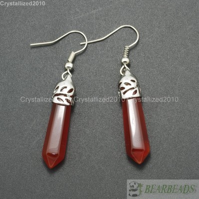 Natural Gemstone Hexagonal Pointed Reiki Chakra Healing Beads Silver Earrings