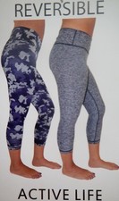 Active Life 234 Reversible Workout Yoga Capri Spandex Legging Blue Camo MSRP $78