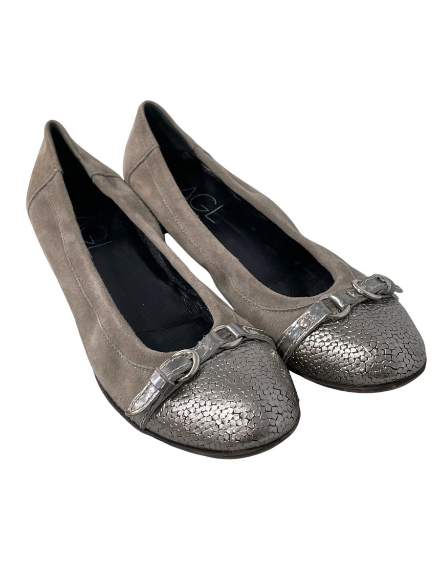 AGL Suede Cap Toe Slip On Ballet Flats Size Buckle Strap Tan Neutral  Office