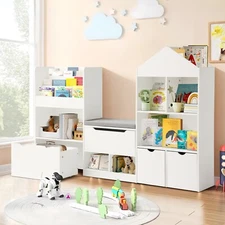 72" Kids Bookshelf with Reading Nook, Toy Storage Organizer with Seat Cushion