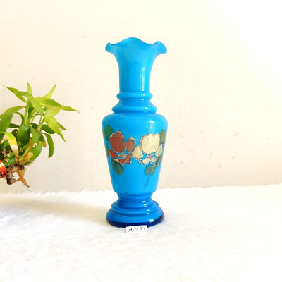 1930s Vintage Beautiful Floral Design Sky Blue Glass Flower Vase
