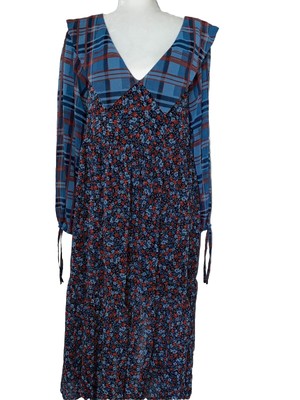 Topshop Grunge Mix \u0026 Match Floral Check Midi Dress 2 Sheer Bib Collar Blue  | eBay