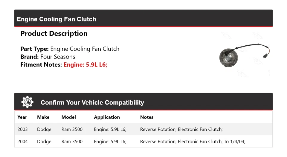 Embrague ventilador refrigeración motor Dodge Ram 3500 2003-2004 5,9 L L6 4 estaciones Foto 2 de 4