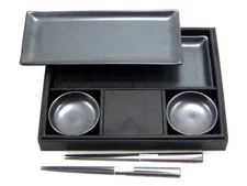 SET of 6 Japanese Porcelain Sushi Plates Soy Dishes Metallic Black Made in Japan