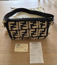 Genuine Fendi Leather Navy And Cream Raffia Baguette Shoulder Handbag, Brand New