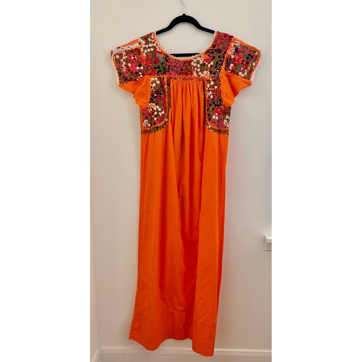 Vintage 70s Mexican Oaxacan S/M Hand Embroidered Maxi Dress S M Orange Floral View 5
