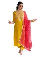 Women Mustard Chanderi Embroidered Kurta Pant Dupatta Set