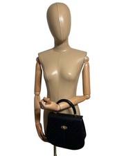Vtg Hanae Mori Black Ostrich Top Handle Bag