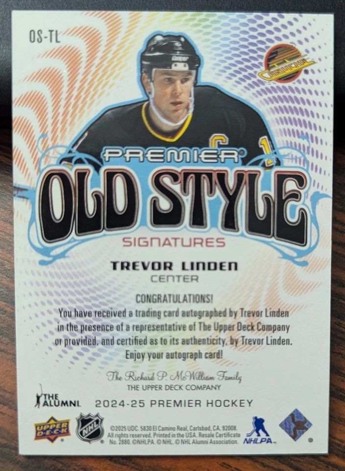2024-25 Upper Deck Premier Trevor Linden Old Style Auto SP Canucks Foto 2 de 2