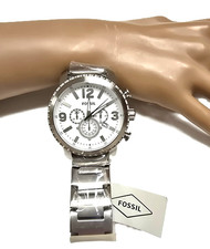 NEW FOSSIL SILVER TONE S/S,CHRONOGRAPH LARGE WHITE DIAL BRACELET WATCH BQ1653IE