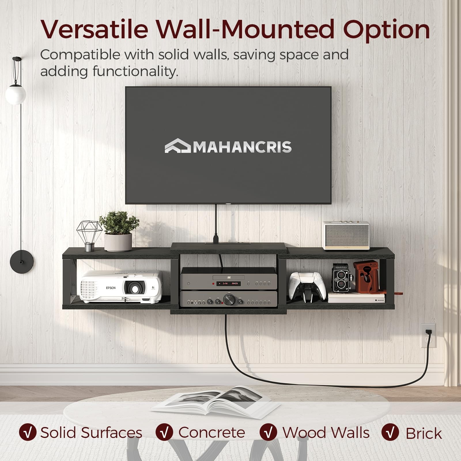 MAHANCRIS Floating TV Stand with Power Outlet, Wall-Mounted Entertainment Cen...