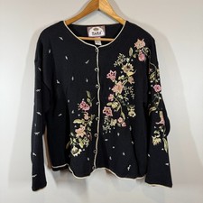 Tiara International Floral Embroidered Cardigan Black Beaded Sweater M Fairy