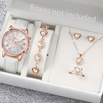 5/6PCS Women's Quartz Watch Set Leather Band Rhinestone Heart Jewelry Gift