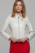 Women Leather Jacket White Biker Moto Pure Lambskin Size XS S M L XL XXL -
