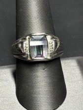 MEN'S 925 STERLING SILVER FANCY CUT MYSTIC TOPAZ AND DIAMOND RING SIZE 9.75
