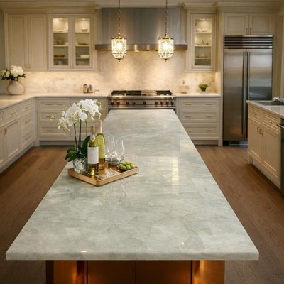 White Quartz Slab Dining Table Rectangle Polished Stone Surface Kitchen Tabletop