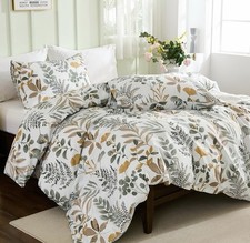Floral Pattern Duvet Cover 3 Piece Set Queen White Green Beige Pillowcase