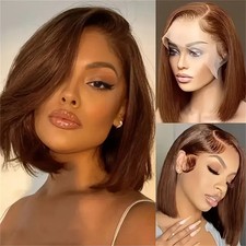Human Hair Brown Short Bob Bone Straight 13x4 HD Transparent Lace Front Wig