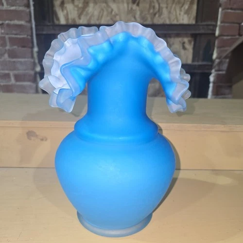 Vintage Fenton blue overlay satin cased glass vase