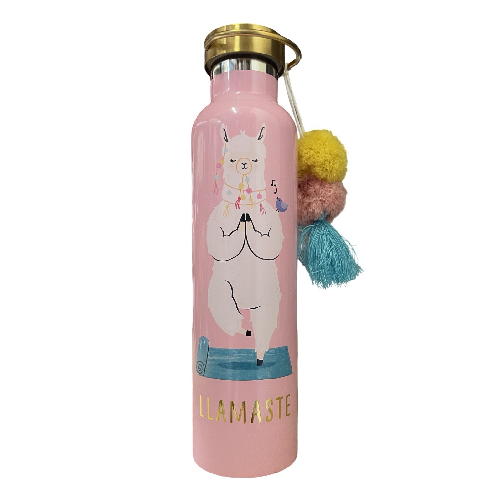 Hallmark LLAMASTE Yoga Llama Metal Water Bottle 18oz with Pink Pom Pom Tassel