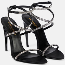 NIB Saint Laurent YSL Georgia Crystal Black Satin Strappy Sandals Pumps 36 2495
