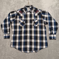 Ely Cattleman Western Cowboy Shirt Embroidery Roses Men XL Blue Plaid Pearl Snap