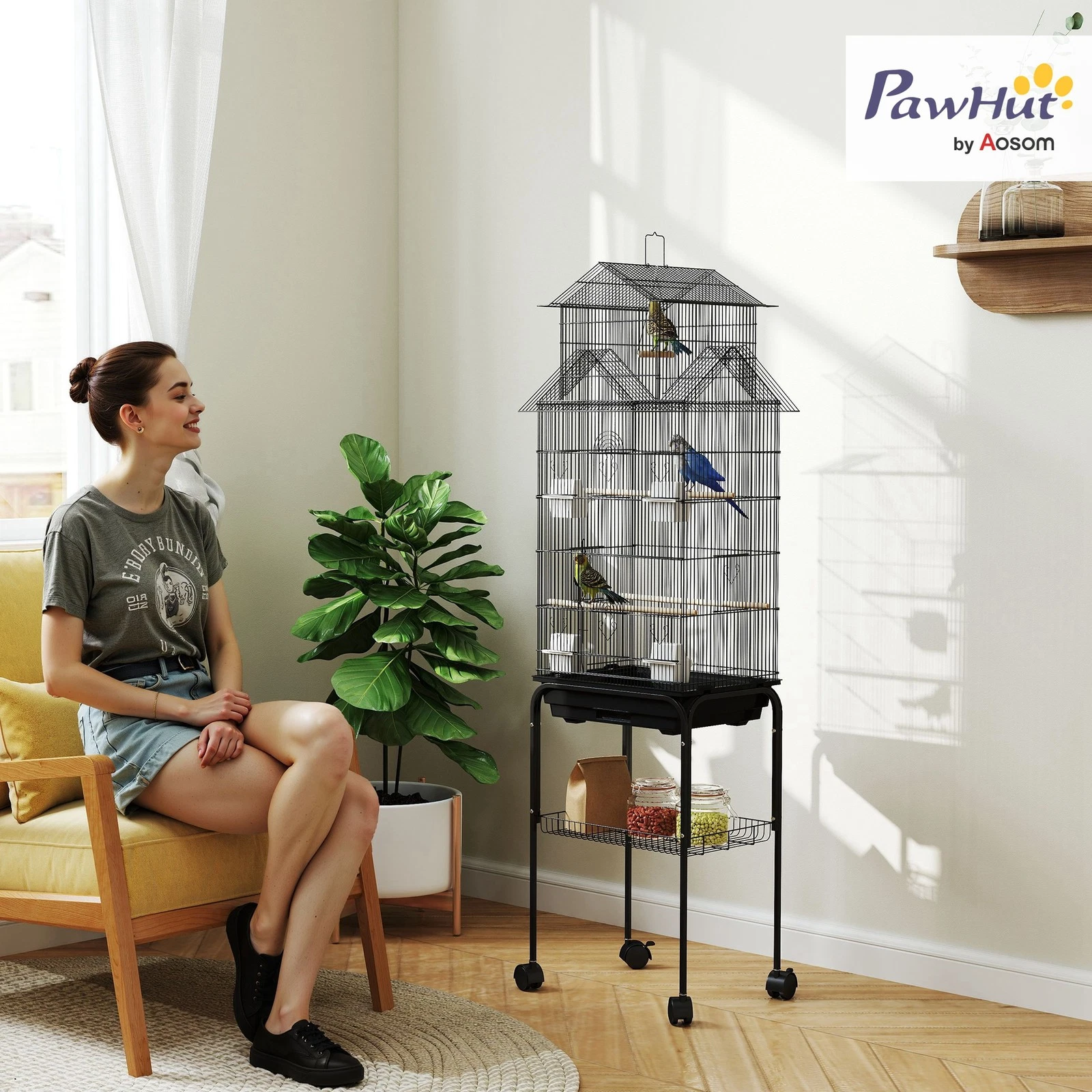 Metal Bird Cage w/ Plastic Perch, Food Container, Handle, Refurbished