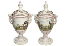 16.5" c.1890 Carl Thieme Dresden Porcelain Covered Urns with Animals/winged hand