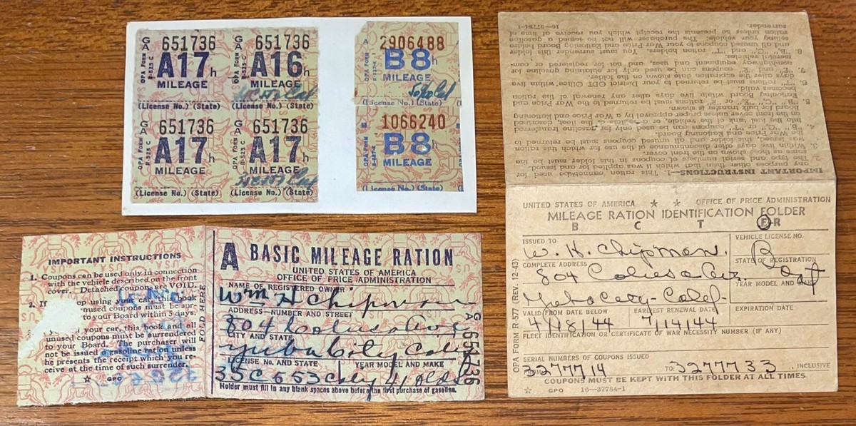 Vintage 1944 WWII Mileage Gasoline RATION RATIONING Card And