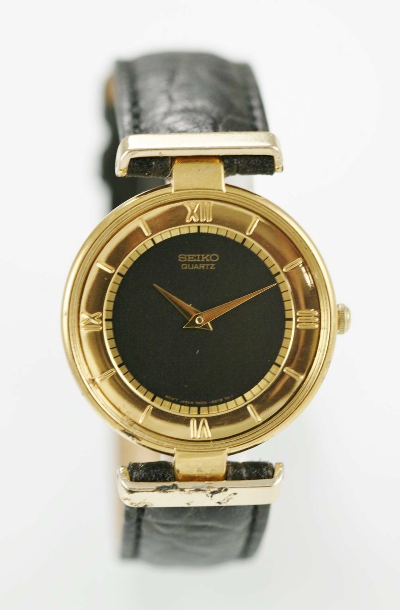 Seiko Watch Unisex Leather Black Stainless Steel Gold Water