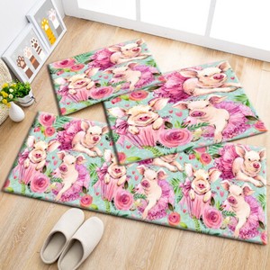 Details About Watercolor Cute Pig Floral Area Rugs Kitchen Bedroom Rug Living Room Floor Mat
