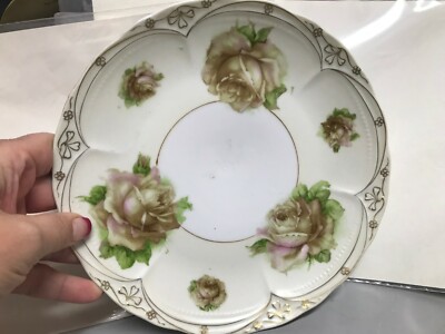 VTG 8.5'' Three Crowns China Company Rose Flower Floral Round Plate Germany Gold
