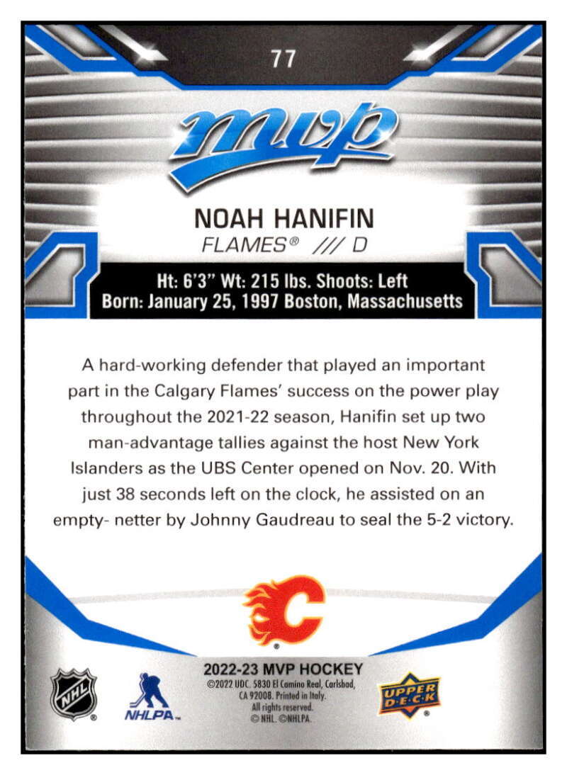 Noah Hanifin 2022-23 Upper Deck MVP Blue Script #77 NHL Flames ID