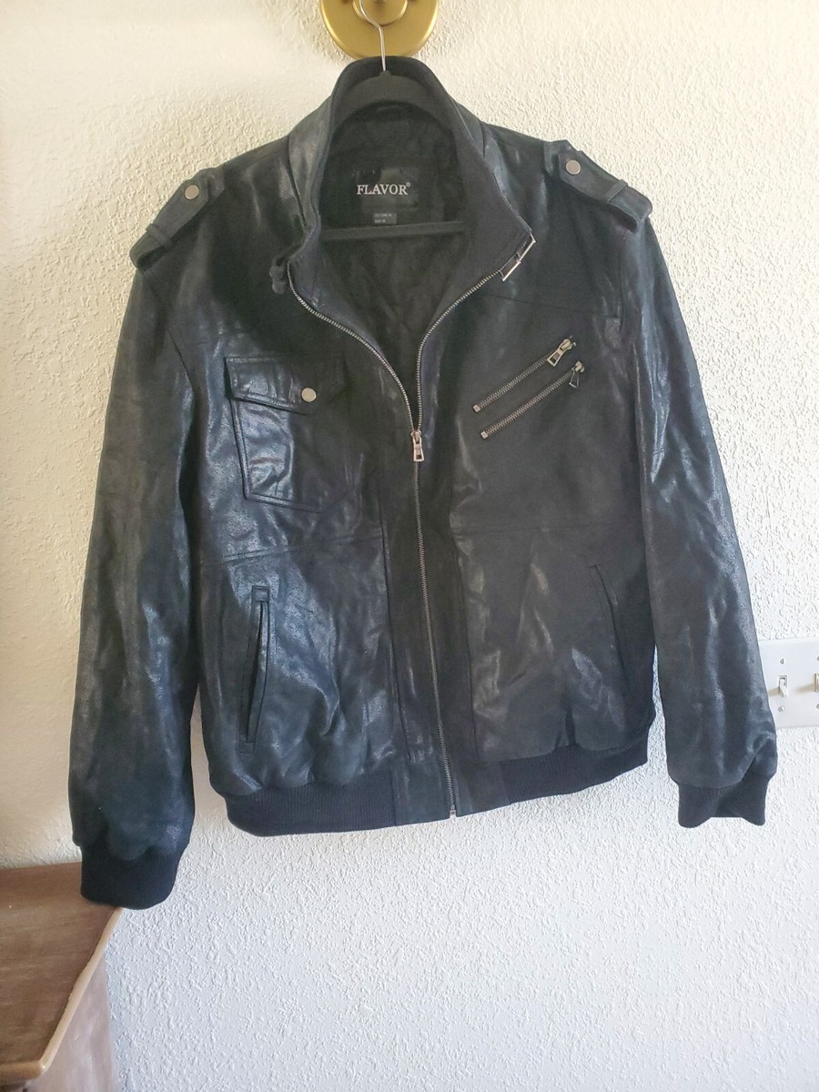 FLAVOR Men Black Leather Motorcycle Jacket- Size XL-Missing Hood