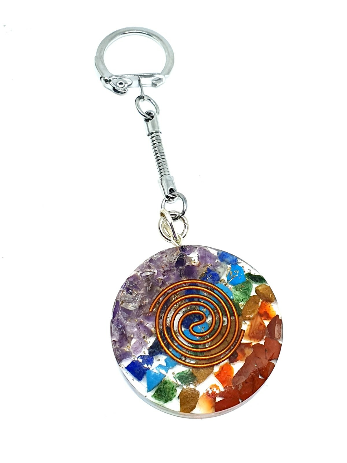 Orgone Chakra Gemstone Orgonite Schorl EMF Protective Copper Swirl Coil Keyring