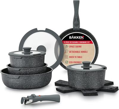 Detachable 15-Piece Cookware Set Granite Non-Stick stackable Removable Handles