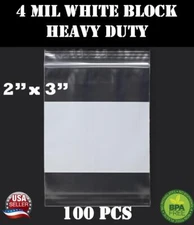 100 - 2.5" x 3" Zip Seal Reclosable 4Mil Top Lock Bags White Block Heavy Duty