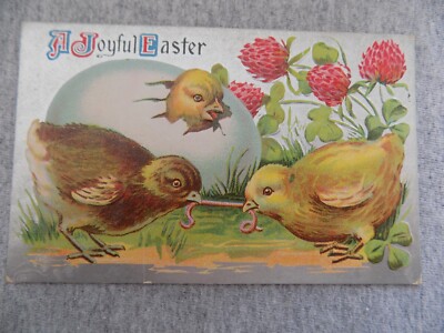 A JOYFUL EASTER Chick Hatching Egg Chicks with Worm Berries Antique Postcard