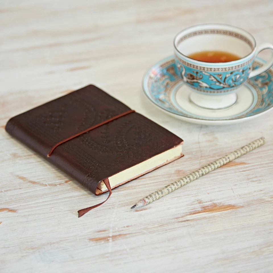 Mini Embossed Brown Leather Notebook Journal Diary, Handmade, Plain Paper - Image 4 of 4